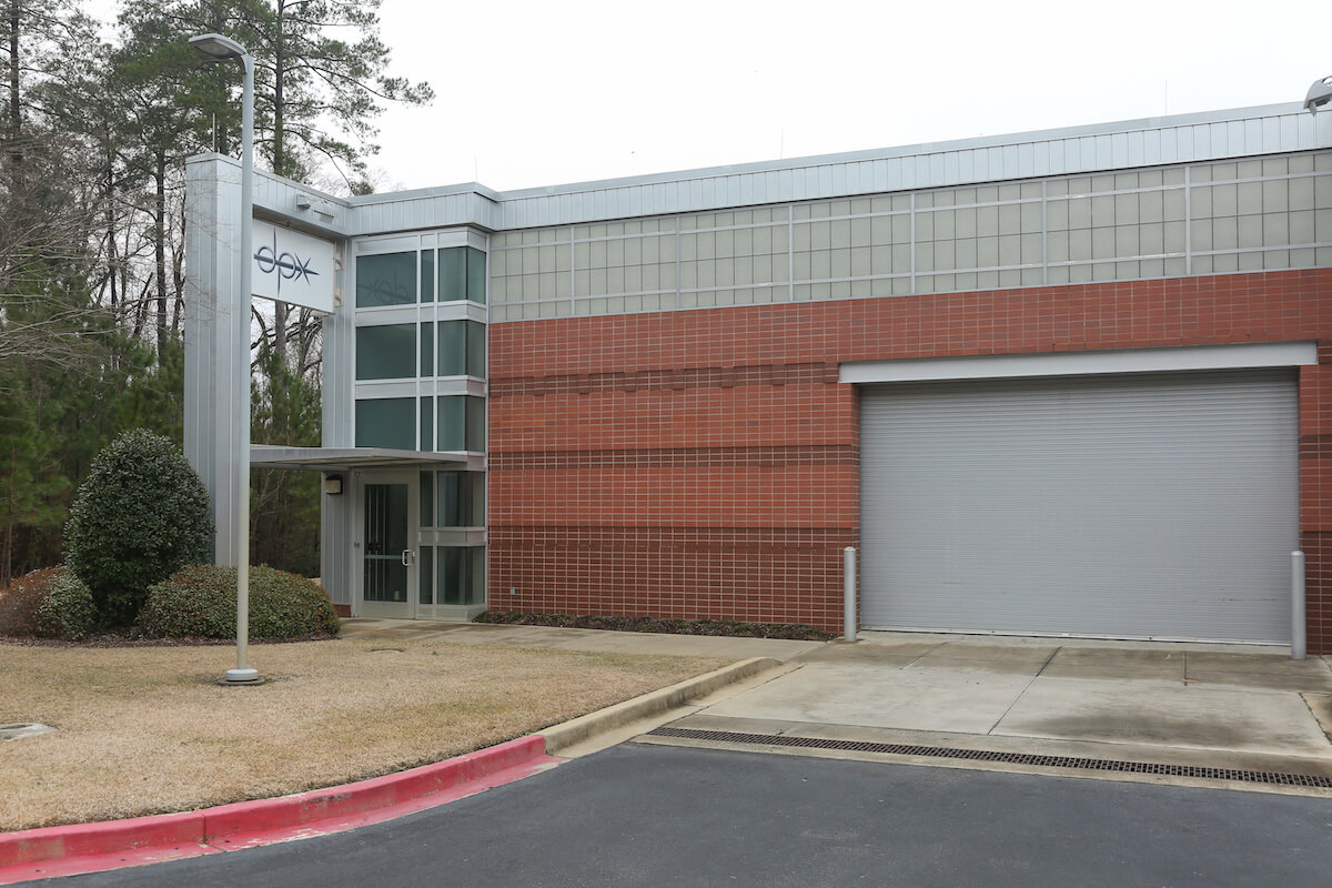 Exterior of Business Accelerator bay with rolling door shut.