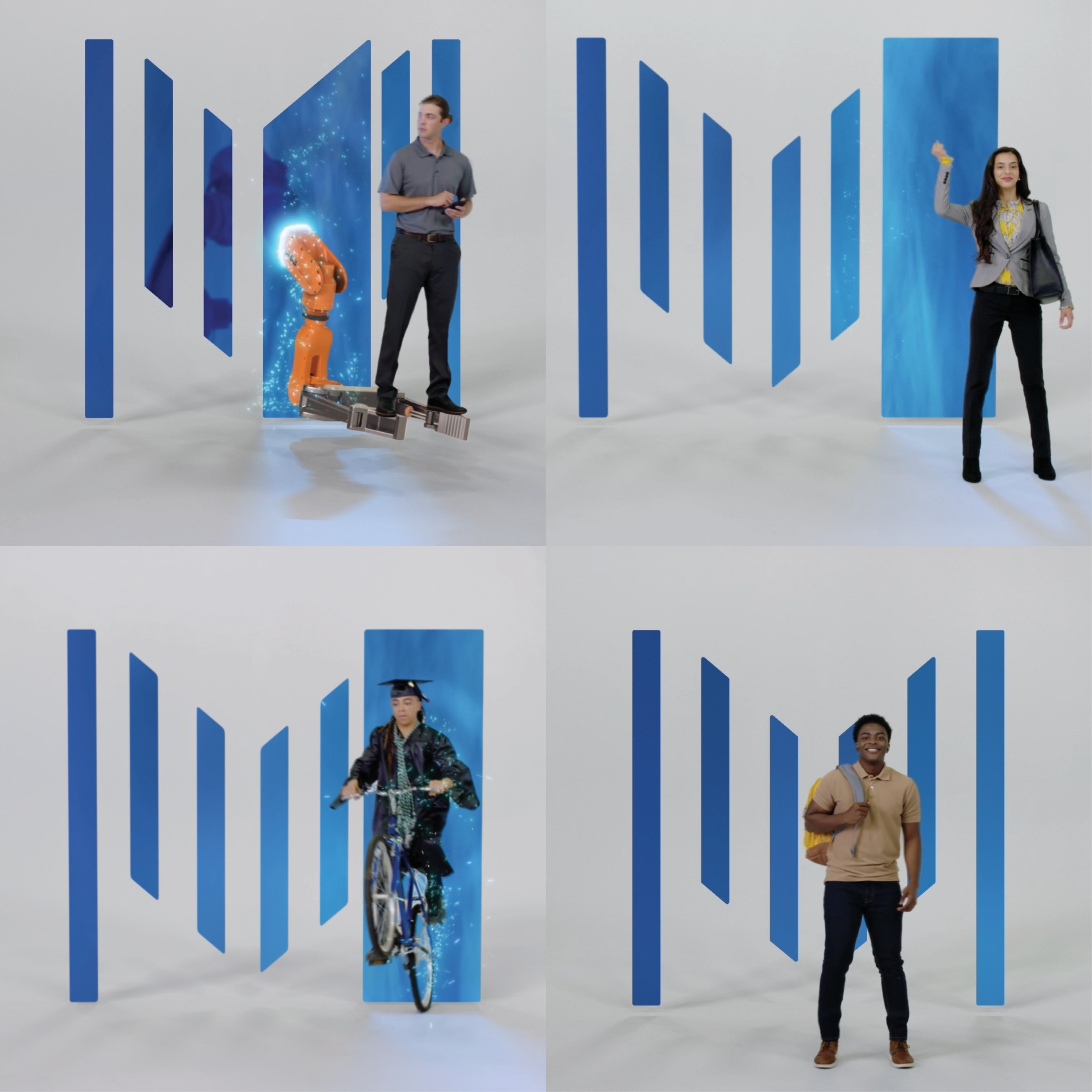 Four still images of students jumping out of the M from Midlands Tech logo.