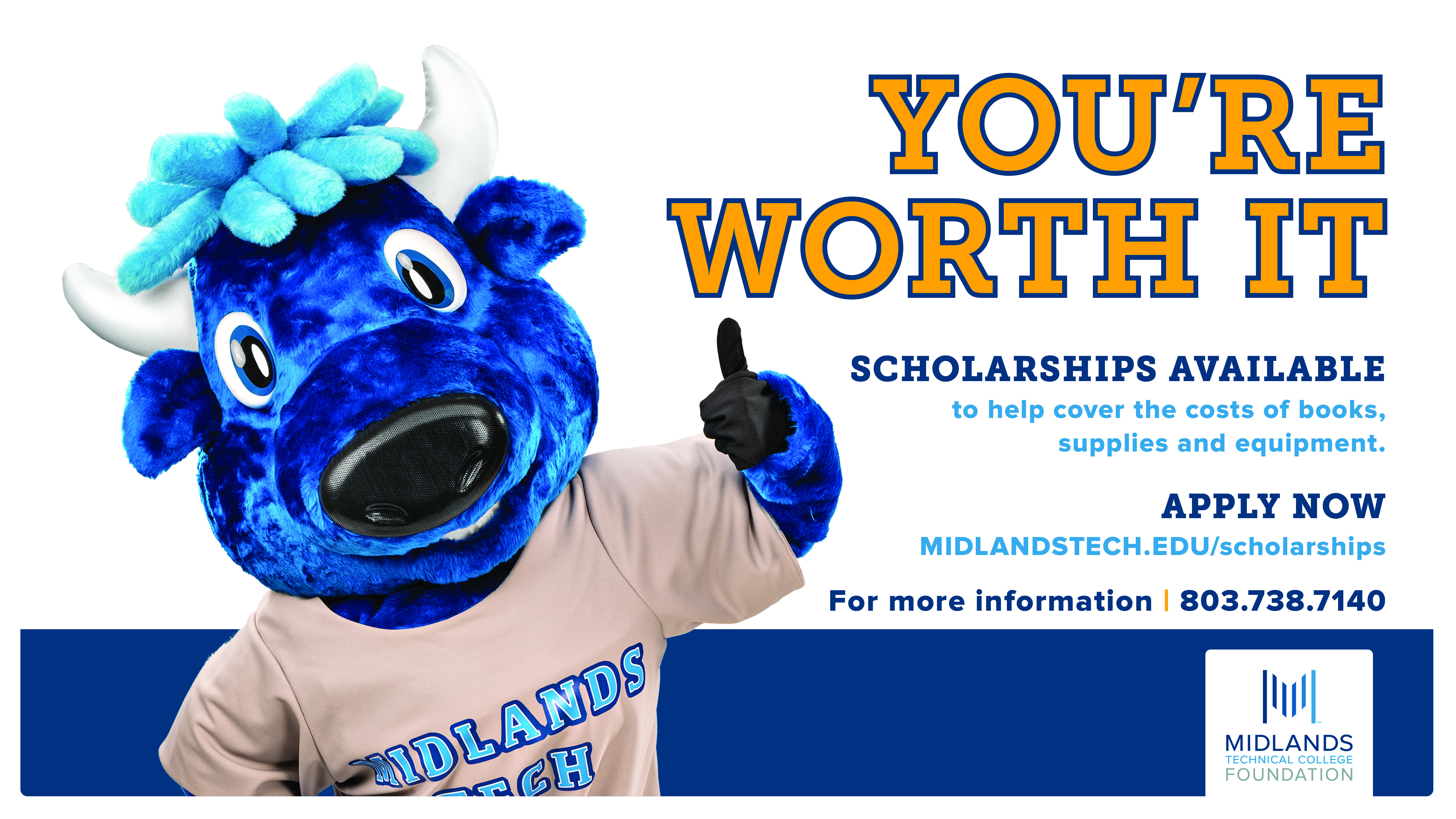 Graphic of Mav posing with a thumbs up and details about scholarship application window and how to apply. 