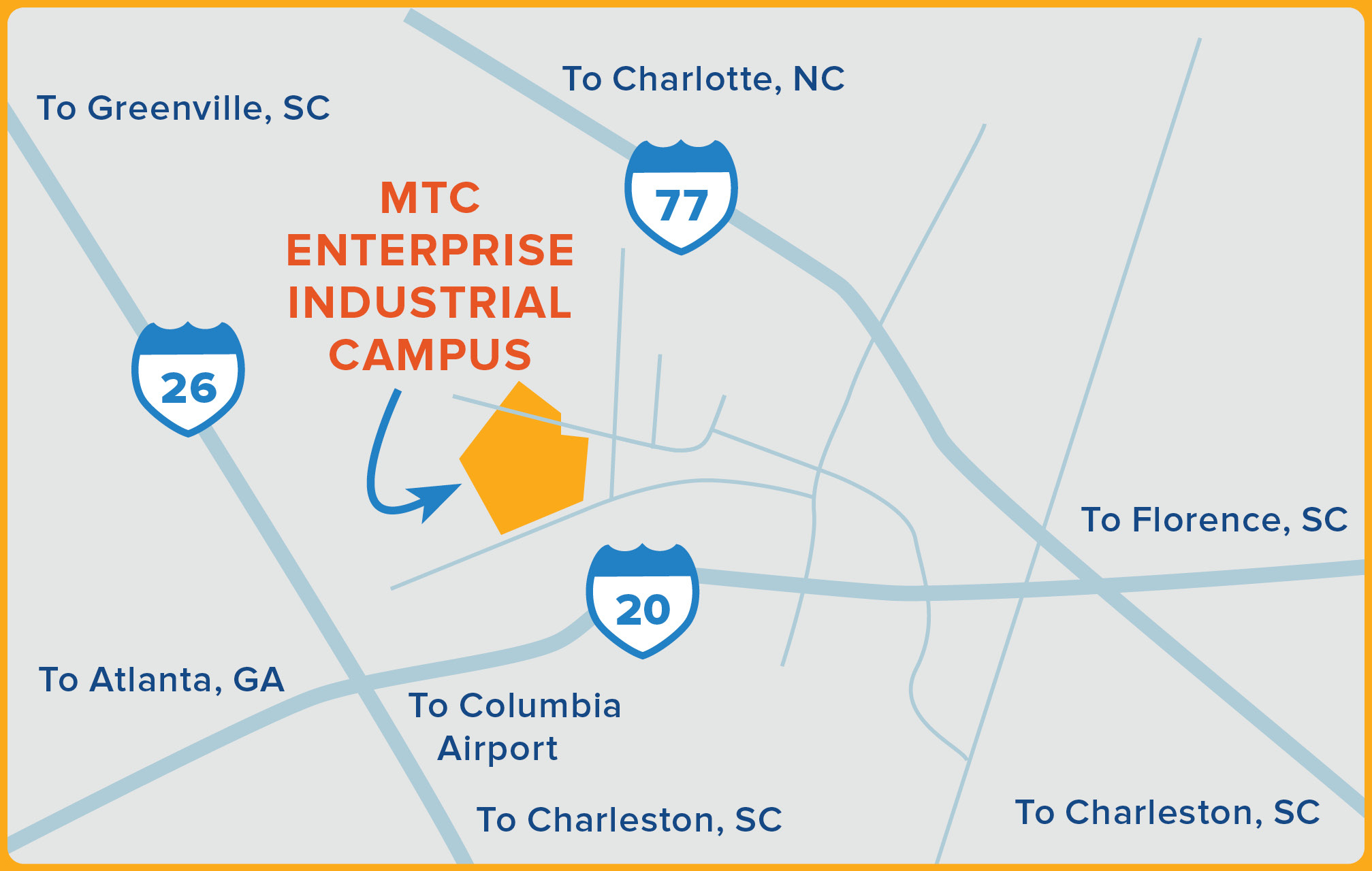 General location map showing the MTC Enterprise Industrial Campus' proximity to interstates 26, 20, and 77.
