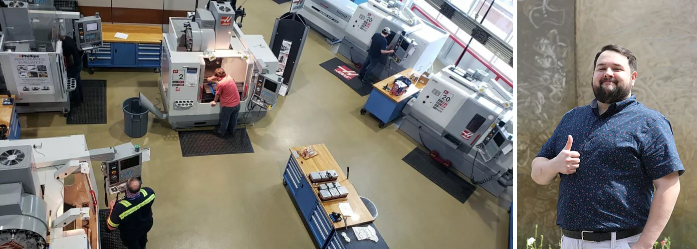Two pictures: First CNC shop floor; second of Doug Burch