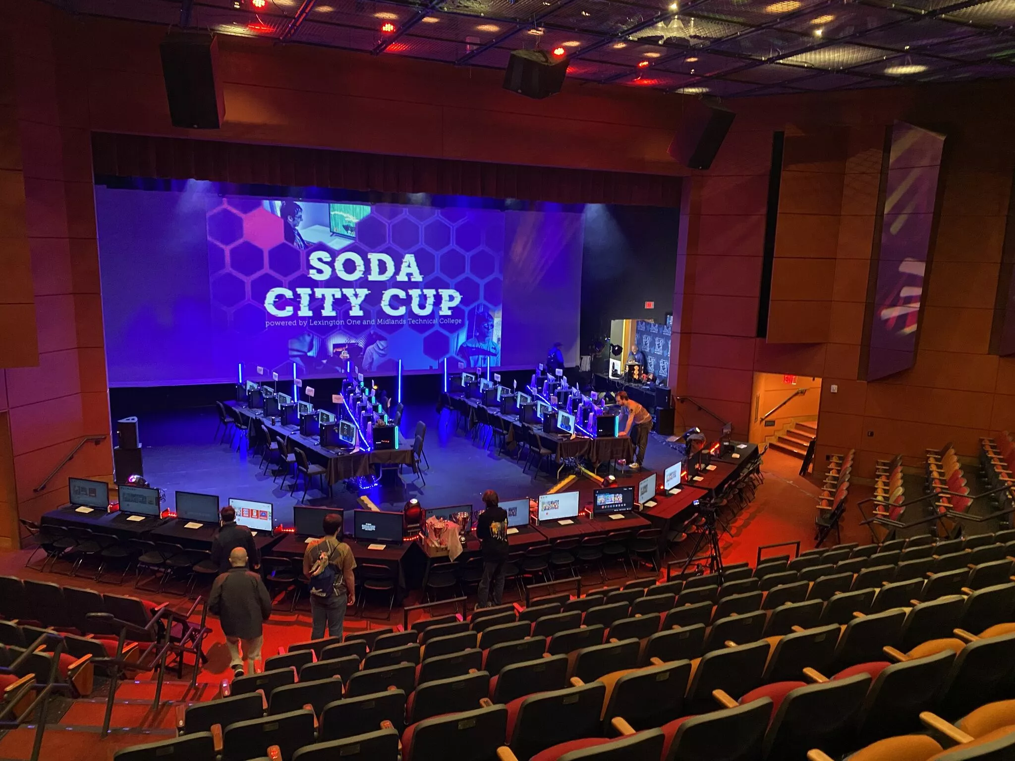 Photo of the stage at Harbison Theatre just before players arrived for the first-ever Soda City Cup.